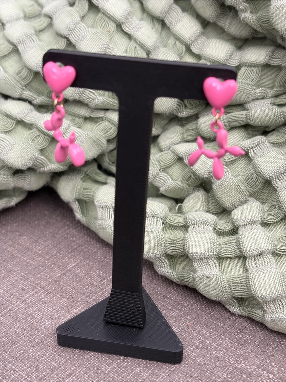 Hot Pink Heart Balloon Dog Dangle Stud Earrings